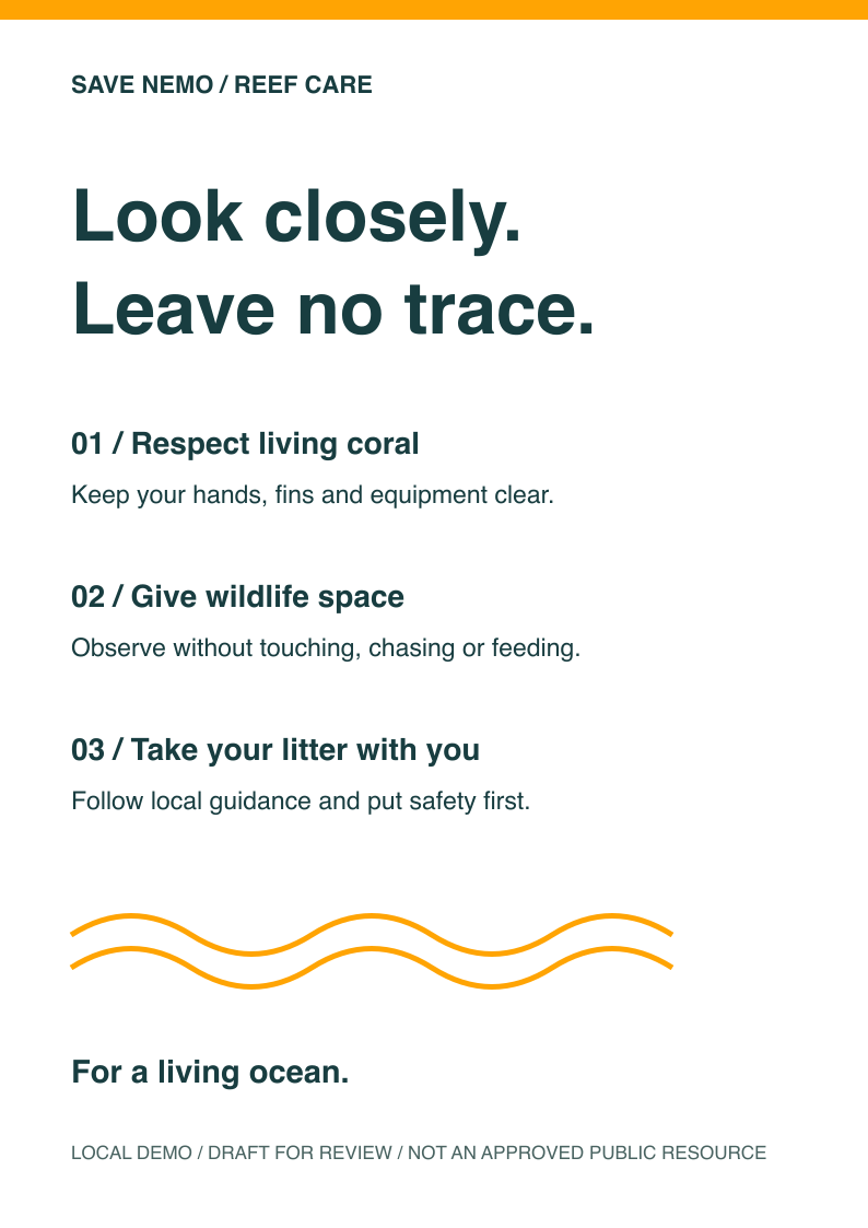 Draft reef-care poster: look closely, leave no trace, respect living coral