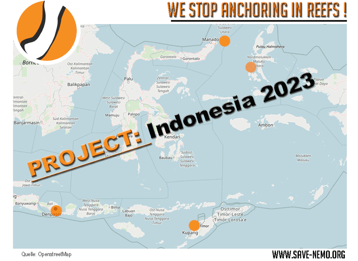 Save Nemo's Indonesia 2023 project map, marking locations around Bali, North Sulawesi, North Maluku and Timor.